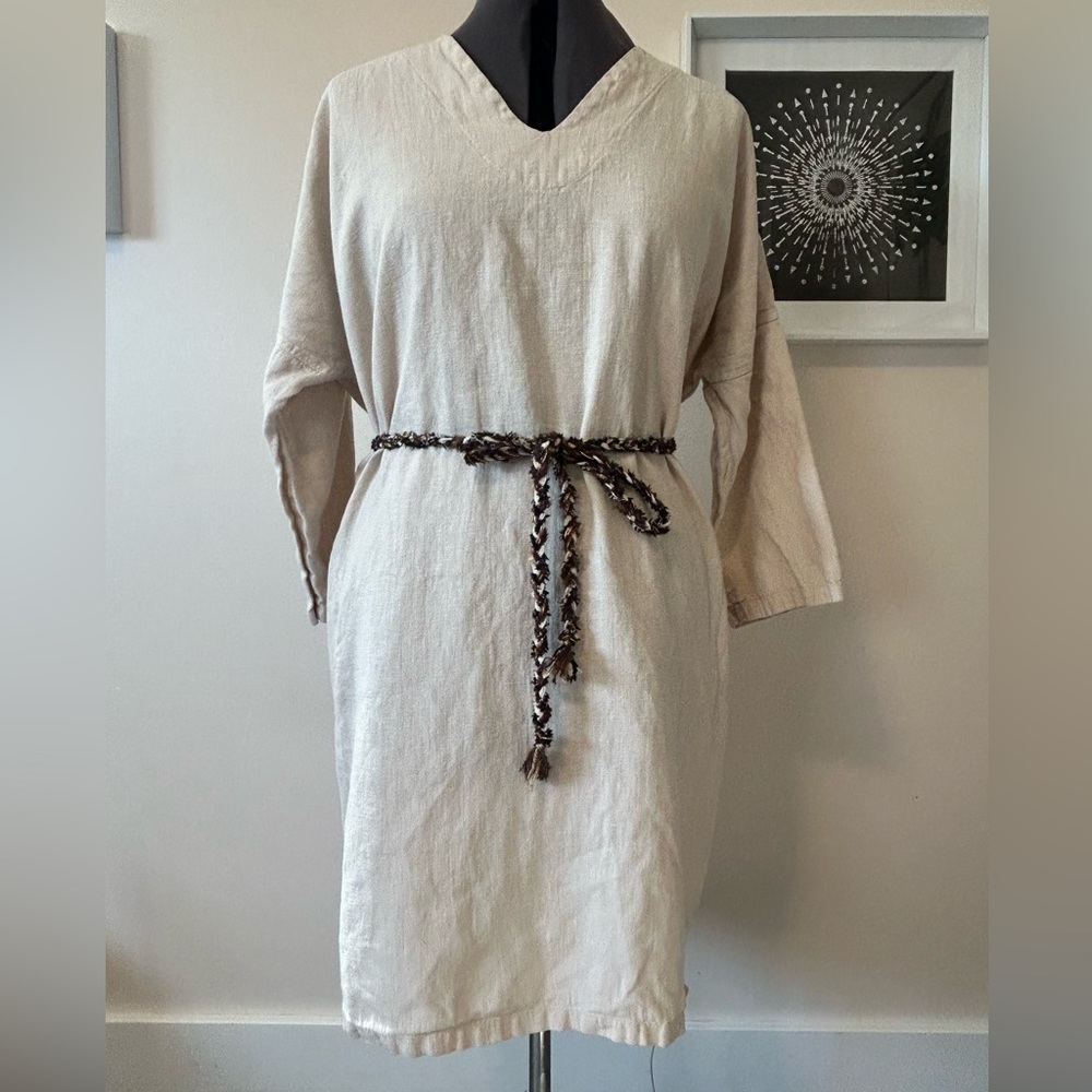 Moss Grey Atelier 100% Linen Minimalist Dress – Natural Oversized Tunic Pockets